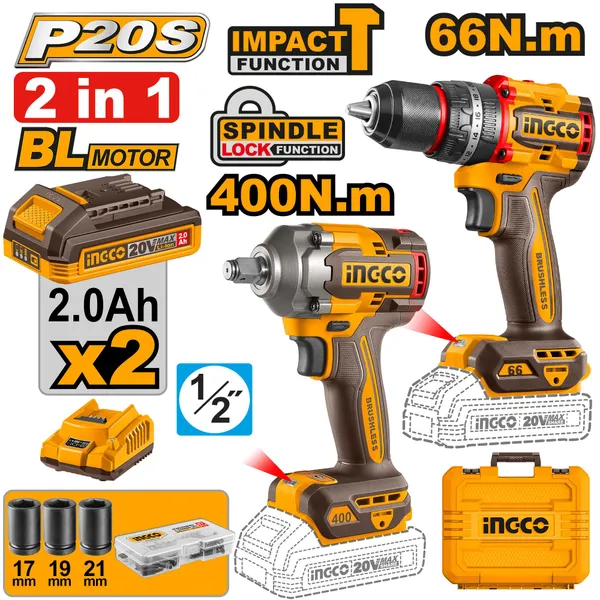 Ingco_20V_Brushless_Cordless_Impact_Drill_&_Wrench_Combo_Kit-66Nm_Drill_&_400Nm_Wrench_Ckli20275_2Pcs_Combo_Kit_Cordless_Drill_(10_Mm_Chuck_Size)