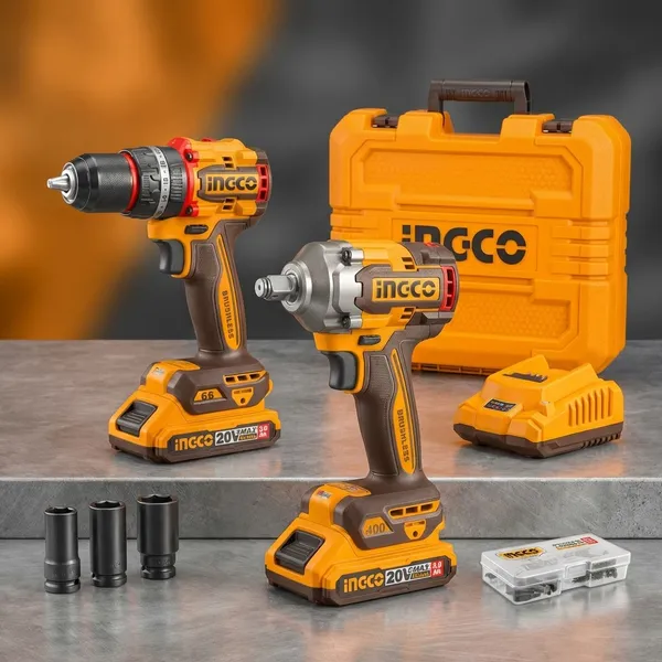 Ingco_20V_Brushless_Cordless_Impact_Drill_&_Wrench_Combo_Kit-66Nm_Drill_&_400Nm_Wrench_Ckli20275_2Pcs_Combo_Kit_Cordless_Drill_(10_Mm_Chuck_Size)
