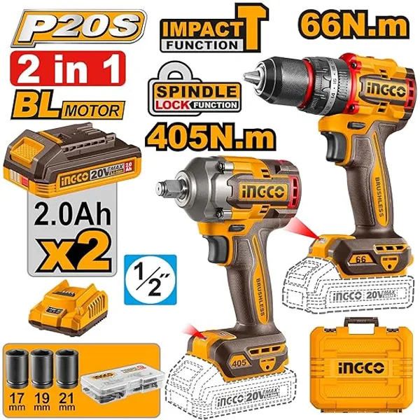 Ingco_Ckli20286_Combo_Kit_Cordless_Bl_Impact_Drill_(66Nm)_&_(405Nm)_Cordless_Impact_Wrench_(1/2_Inch)
