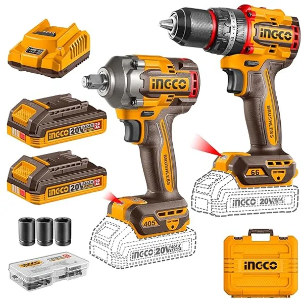 Ingco_Ckli20286_Combo_Kit_Cordless_Bl_Impact_Drill_(66Nm)_&_(405Nm)_Cordless_Impact_Wrench_(1/2_Inch)