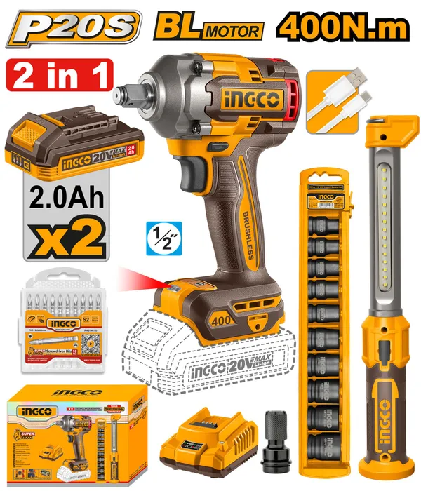 Ingco_Cosli23048_1/2"_Cordless_2_Pcs_Combo_Kit_Impact_Wrench_400Nm_Cordless_Impact_Wrench_(1/2_Inch)