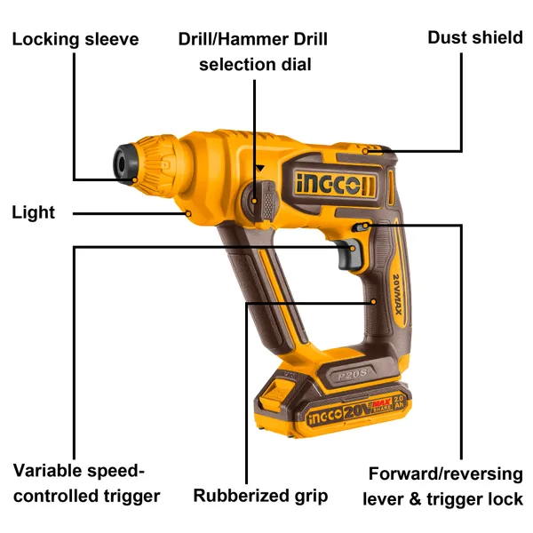 Ingco_Crhli201681_,2Ah_Battery,_With_Charger_20V_Cordless_Sds-Plus_Rotary_Hammer_Drill_(16_Mm_Chuck_Size,_480_W)