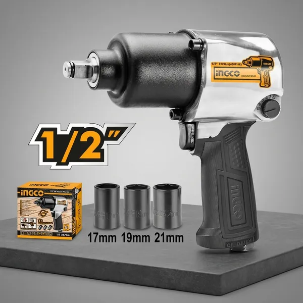 Ingco_Aiw12562_1/2_Square_Drive_Air_With_3_Pieces_Socket_(17,_19,_21_Mm)_Pneumatic_Impact_Wrench_(1/2_Inch)