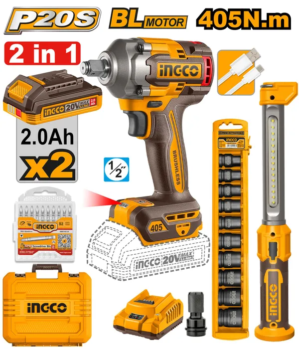 Ingco_20V_Cordless_Brushless_Impact_Wrench_405Nm_With_2.0Ah_Batteries,_Combo_Kit_Cordless_Impact_Wrench_(1/2_Inch)