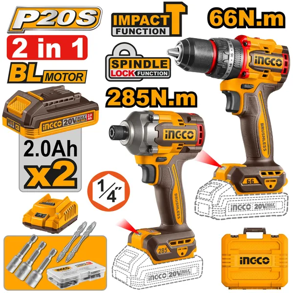 Ingco_Cordless_2Pcs_Combo,_Cordless_Impact_Drill_66Nm,_&_Cordless_Impact_Driver_285Nm,_With_2Pcs_Batteries,_1Pcs_Charger,_47Pcs_Accessories,_Cordless_Drill_(13_Mm_Chuck_Size)