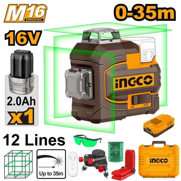 Ingco_12_Lines_3D_Green_Beam_Self-Levelling_Laser_Level_With_16V,_35M_Range_360_Degree_Vertical_&_Horizontal_Cross_Line_Includes_Tripod_Base,_Glasses_Non-Magnetic_Line_Level_(18_Cm)