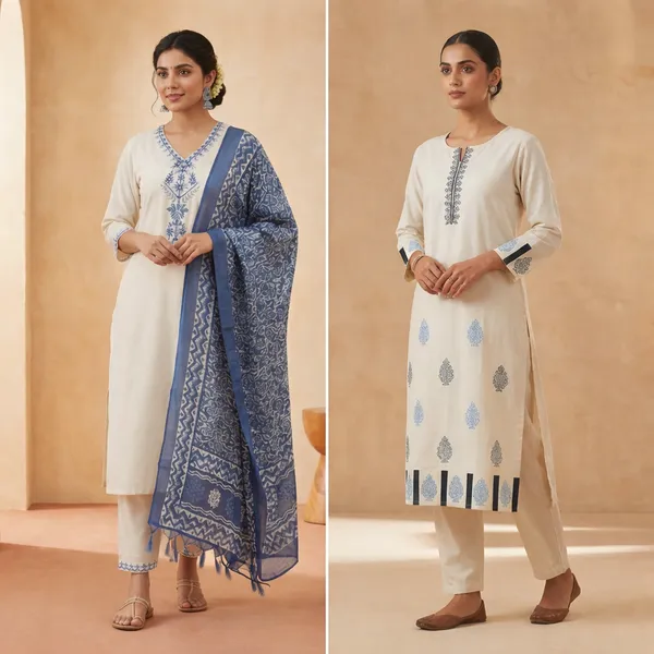 Offwhite_Embroidered_Kurta_Set_With_Blue_And_Black_Motifs_And_Embroidered_Kurta_Pant_Dupatta_Set_In_Pure_Cotton_Khadi_Fabric_Combo_Pack_Of_2