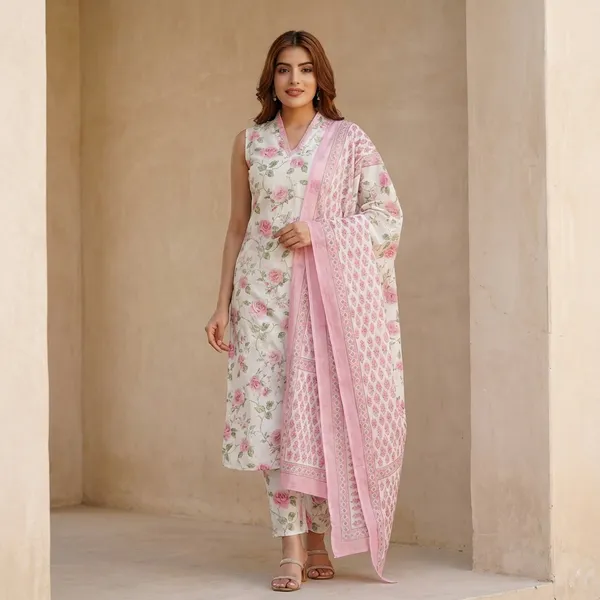 White_And_Pink_Floral_Printed_Kurta_Set_With_Pink_Dupatta