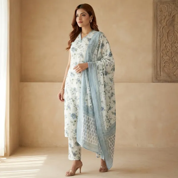 Elegant_Floral_Print_Kurta_Set_With_Dupatta_White_And_Blue