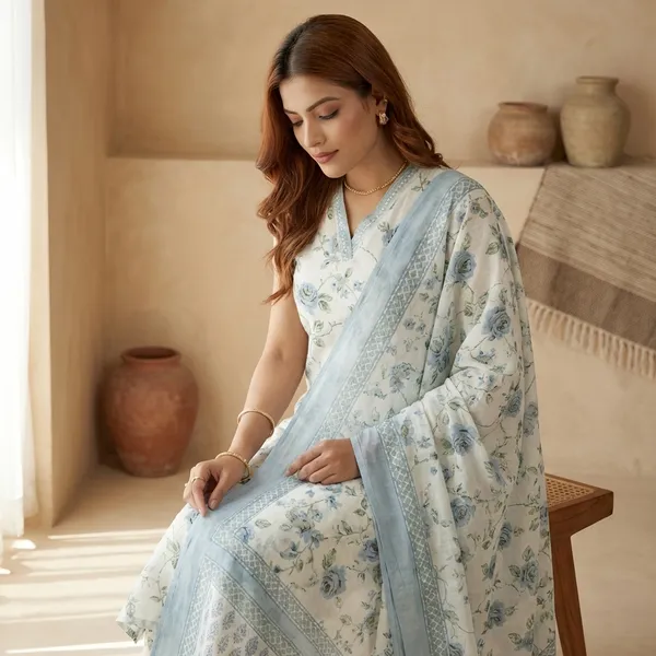 Elegant_Floral_Print_Kurta_Set_With_Dupatta_White_And_Blue