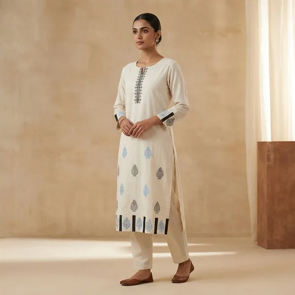 Offwhite_Embroidered_Kurta_Set_With_Blue_And_Black_Motifs