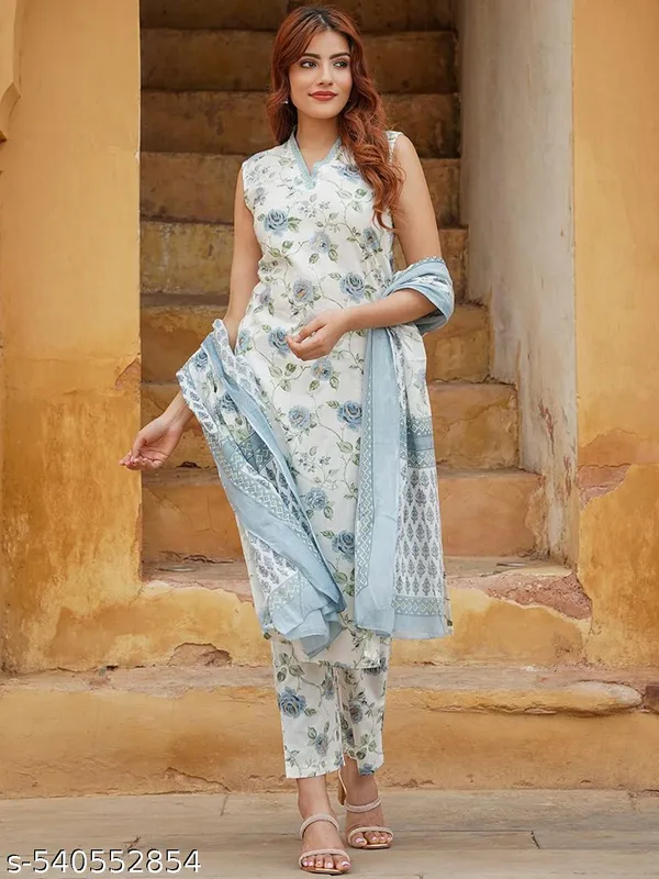 Elegant_Floral_Print_Kurta_Set_With_Dupatta_White_And_Blue