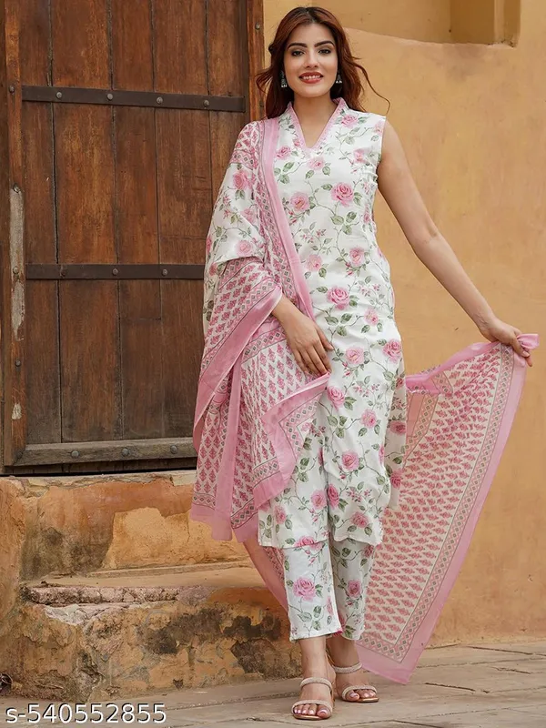 White_And_Pink_Floral_Printed_Kurta_Set_With_Pink_Dupatta
