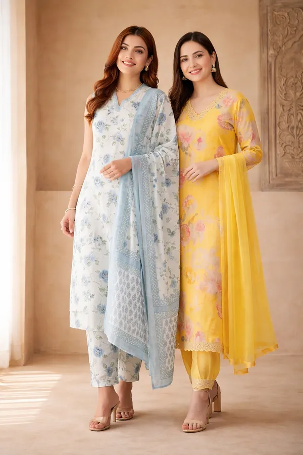 Elegant_Floral_Print_Kurta_Set_With_Dupatta_White_And_Blue_And_Women_Printed_And_Lace_Kurta_With_Trousers_With_Dupatta_Combo_Pack_Of_2