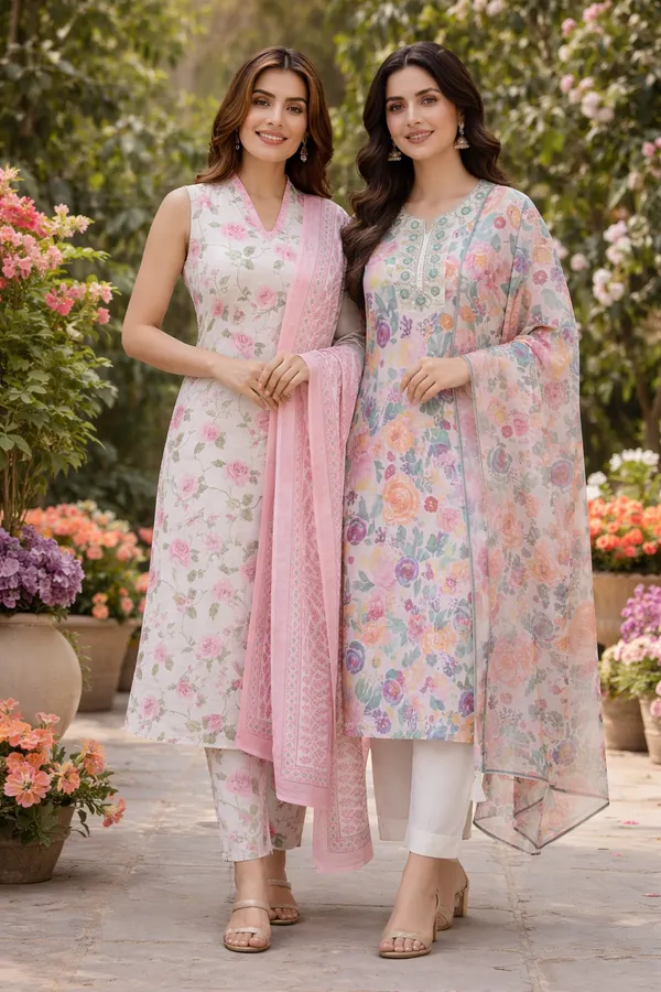 White_And_Pink_Floral_Printed_Kurta_Set_With_Pink_Dupatta_And_Embrodered_Printed_Kurta_Set_With_Dupatta_Combo_Pack_Of_2