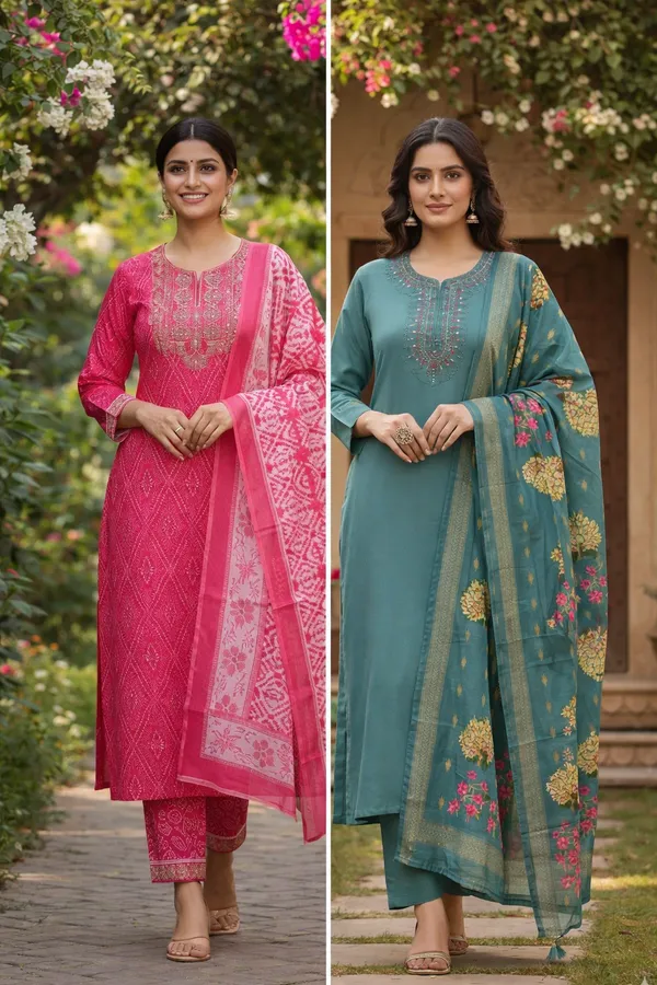 Embroidered_Bandhani_Design_Kurtaset_With_Dupatta_And_Embrodered_Kurtiset_With_Dupatta_Combo_Pack_Of_2