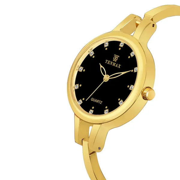 Aura_Bangle_Quartz_S1009_Black_Dial_Gold_Metal_Strap_Analog_Watch_For_Women_Black