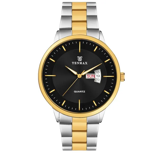 Bi_Tone_Quartz_6111_Day_Date_Black_Dial_All_Steel_Analog_Watch_For_Men