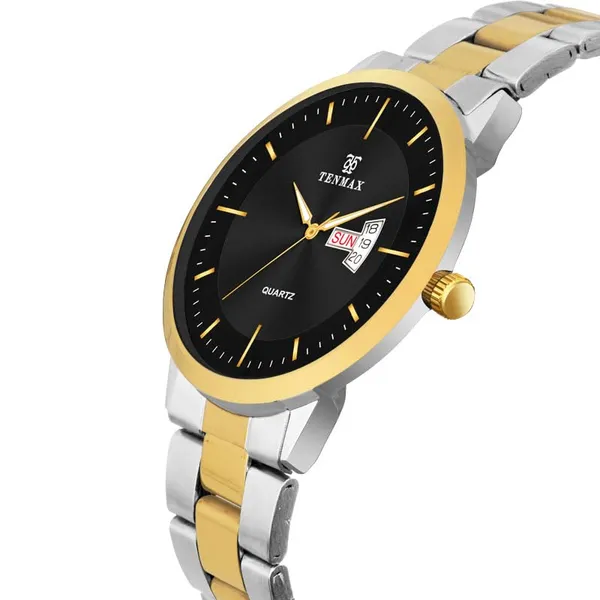 Bi_Tone_Quartz_6111_Day_Date_Black_Dial_All_Steel_Analog_Watch_For_Men