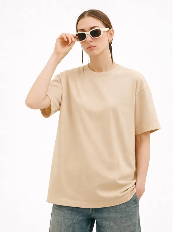 Cream_Plain_Cotton_Tee_Oversized_T_Shirt_For_Women
