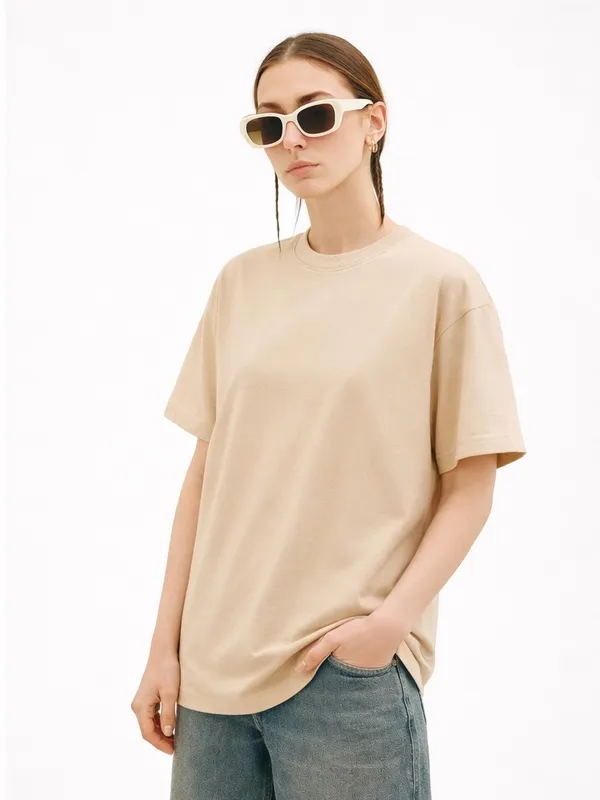 Cream_Plain_Cotton_Tee_Oversized_T_Shirt_For_Women