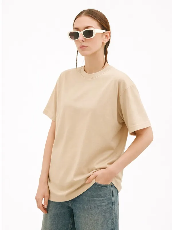Cream_Plain_Cotton_Tee_Oversized_T_Shirt_For_Women