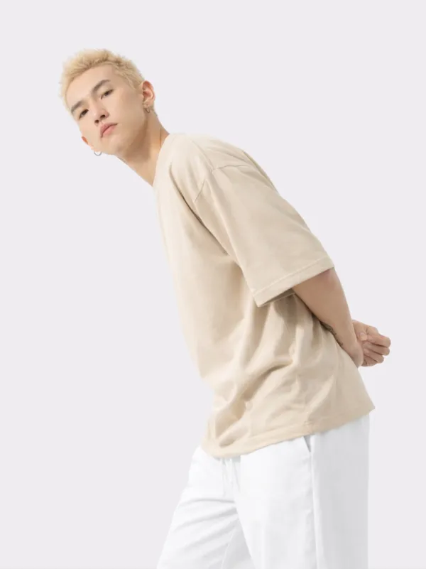 Cream_Cotton_Relaxed_Fit_Half_Sleeve_Casual_Tee_Oversized_T_Shirt_For_Men