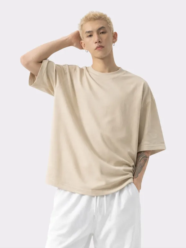 Cream_Cotton_Relaxed_Fit_Half_Sleeve_Casual_Tee_Oversized_T_Shirt_For_Men