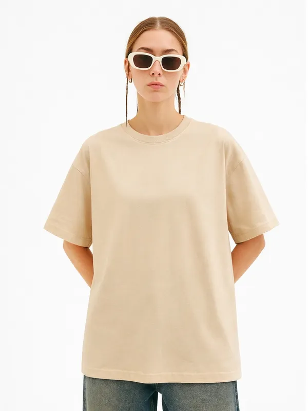 Cream_Plain_Cotton_Tee_Oversized_T_Shirt_For_Women