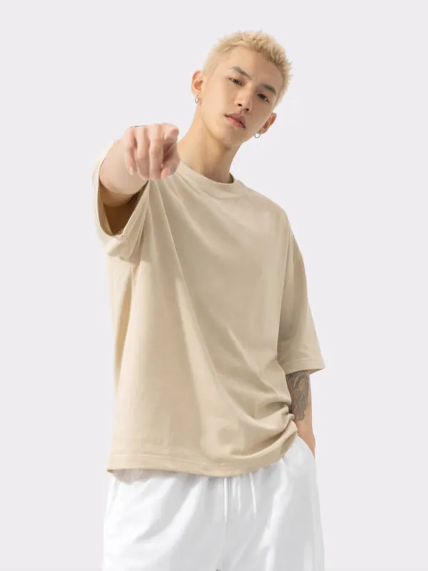 Cream_Cotton_Relaxed_Fit_Half_Sleeve_Casual_Tee_Oversized_T_Shirt_For_Men