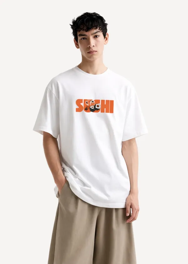 White_Sushi_Print_Oversized_T_Shirt_For_Men