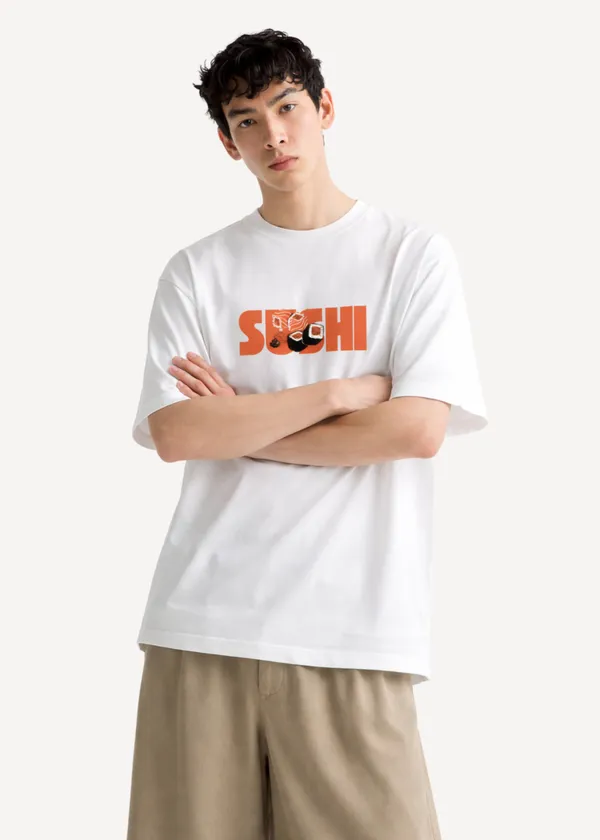 White_Sushi_Print_Oversized_T_Shirt_For_Men