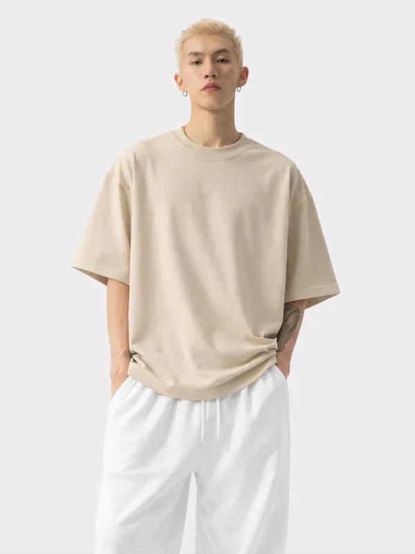 Cream_Cotton_Relaxed_Fit_Half_Sleeve_Casual_Tee_Oversized_T_Shirt_For_Men