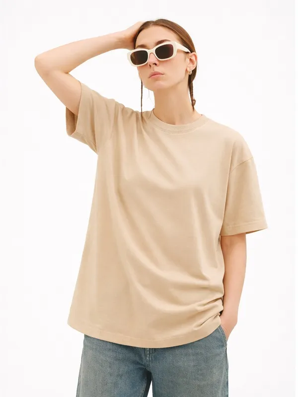 Cream_Plain_Cotton_Tee_Oversized_T_Shirt_For_Women