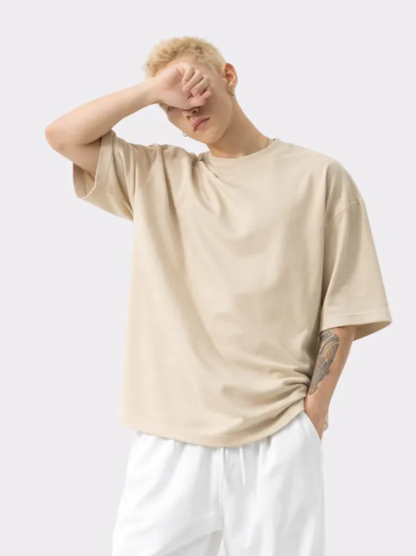 Cream_Cotton_Relaxed_Fit_Half_Sleeve_Casual_Tee_Oversized_T_Shirt_For_Men