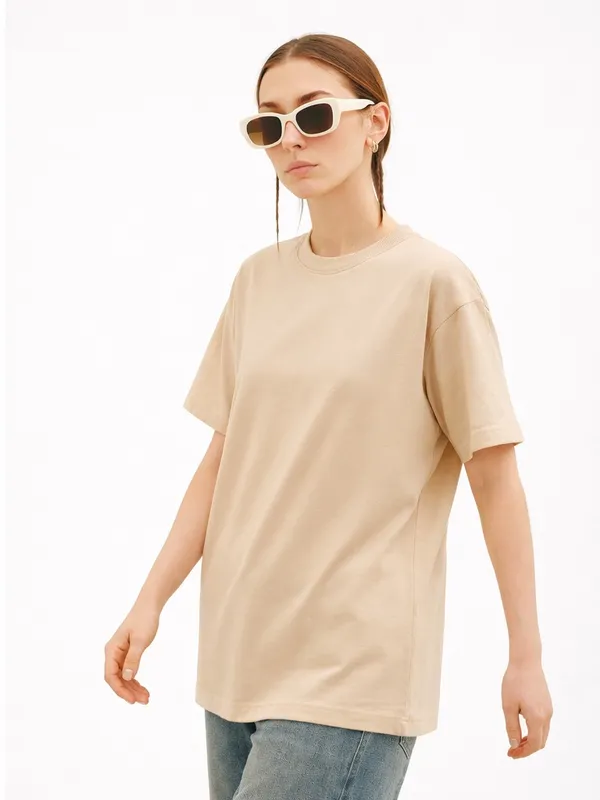 Cream_Plain_Cotton_Tee_Oversized_T_Shirt_For_Women