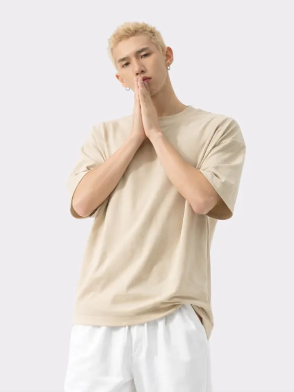 Cream_Cotton_Relaxed_Fit_Half_Sleeve_Casual_Tee_Oversized_T_Shirt_For_Men