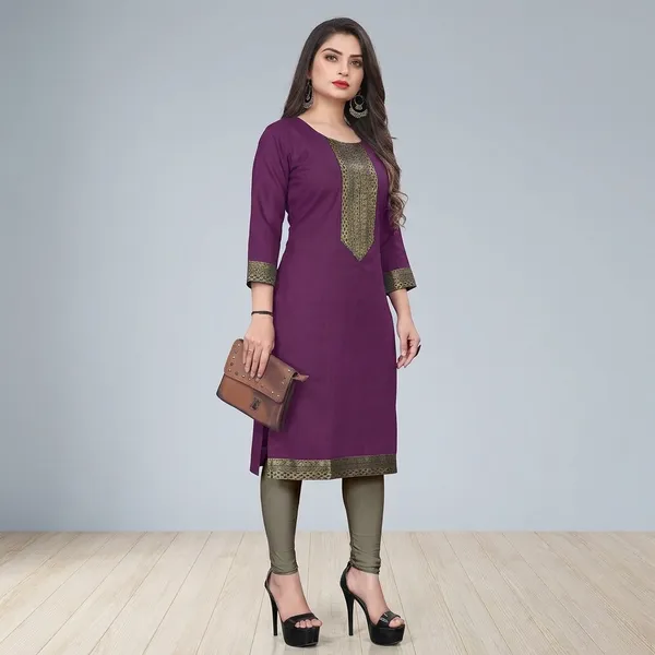 Hf_Holyday_Fashion_Cotton_Silk_Plain_Straight_Kurta_For_Women_With_Golden_Lace_Work
