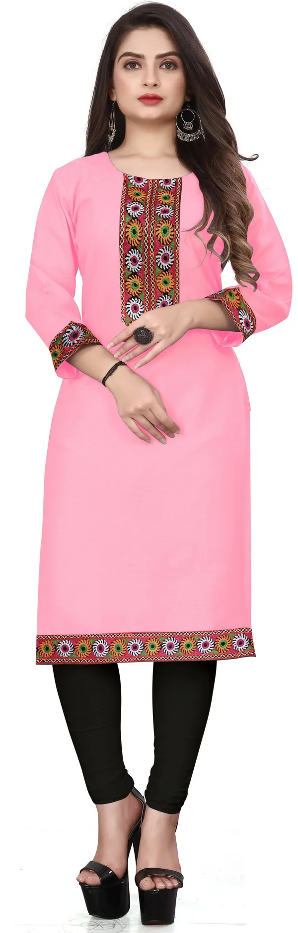 Hf_Holyday_Fashion_Cotton_Silk_Plain_Straight_Embroidered_Patch_Work_Kurta_For_Women