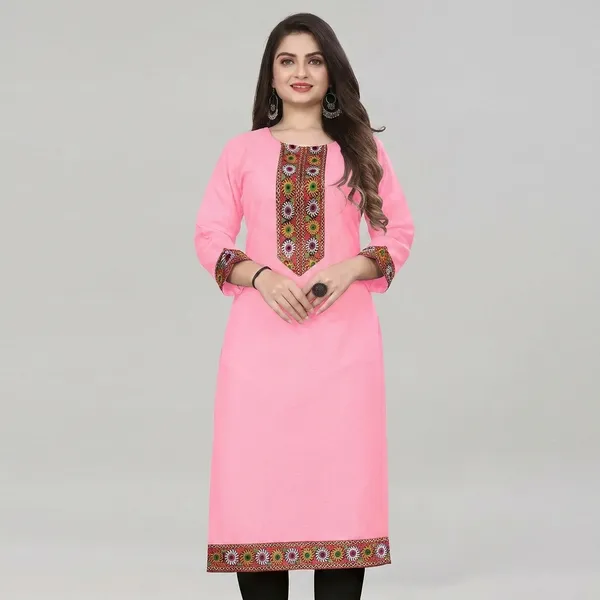 Hf_Holyday_Fashion_Cotton_Silk_Plain_Straight_Embroidered_Patch_Work_Kurta_For_Women