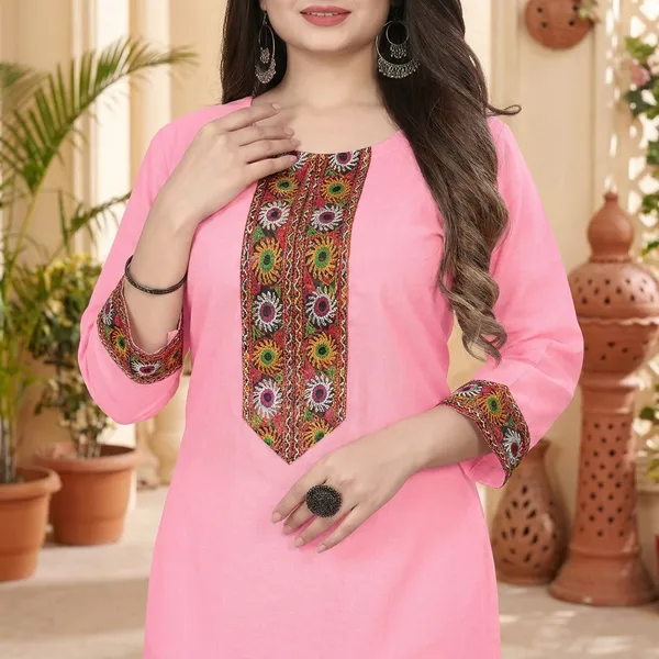 Hf_Holyday_Fashion_Cotton_Silk_Plain_Straight_Embroidered_Patch_Work_Kurta_For_Women