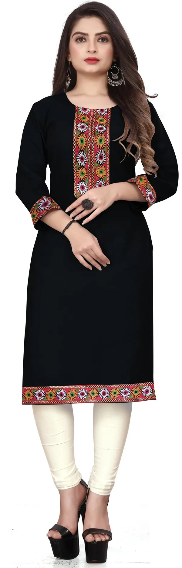 Hf_Holyday_Fashion_Cotton_Silk_Plain_Straight_Embroidered_Patch_Work_Kurta_For_Women