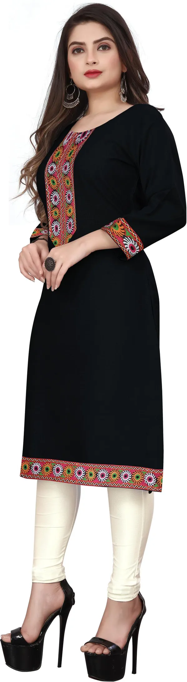 Hf_Holyday_Fashion_Cotton_Silk_Plain_Straight_Embroidered_Patch_Work_Kurta_For_Women