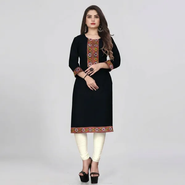 Hf_Holyday_Fashion_Cotton_Silk_Plain_Straight_Embroidered_Patch_Work_Kurta_For_Women