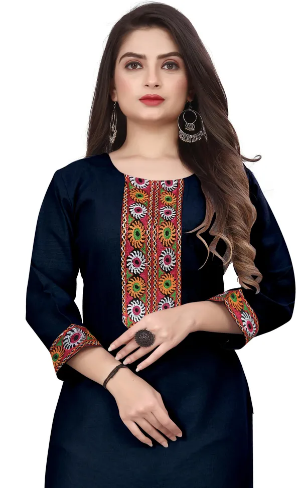 Hf_Holyday_Fashion_Cotton_Silk_Plain_Straight_Embroidered_Patch_Work_Kurta_For_Women