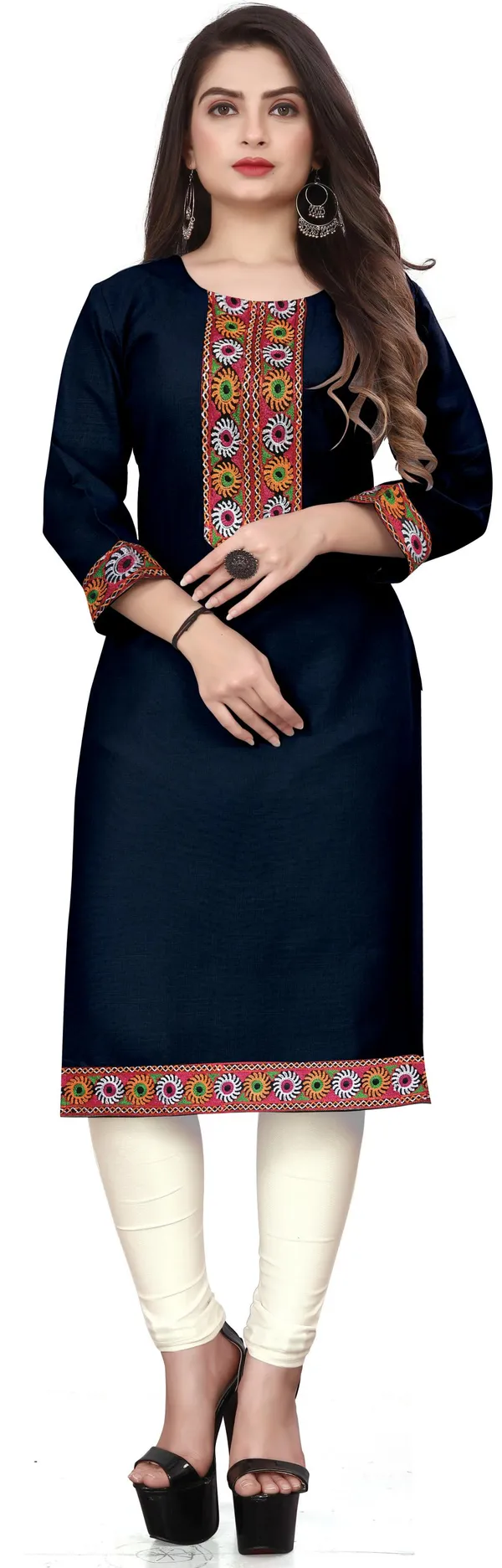 Hf_Holyday_Fashion_Cotton_Silk_Plain_Straight_Embroidered_Patch_Work_Kurta_For_Women