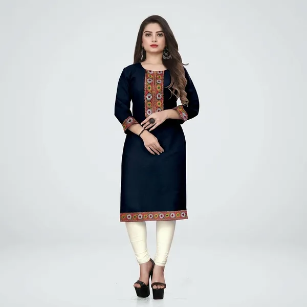 Hf_Holyday_Fashion_Cotton_Silk_Plain_Straight_Embroidered_Patch_Work_Kurta_For_Women