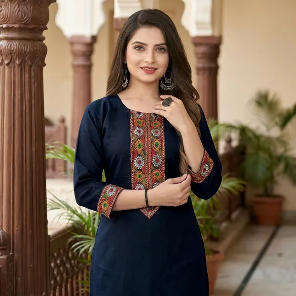 Hf_Holyday_Fashion_Cotton_Silk_Plain_Straight_Embroidered_Patch_Work_Kurta_For_Women