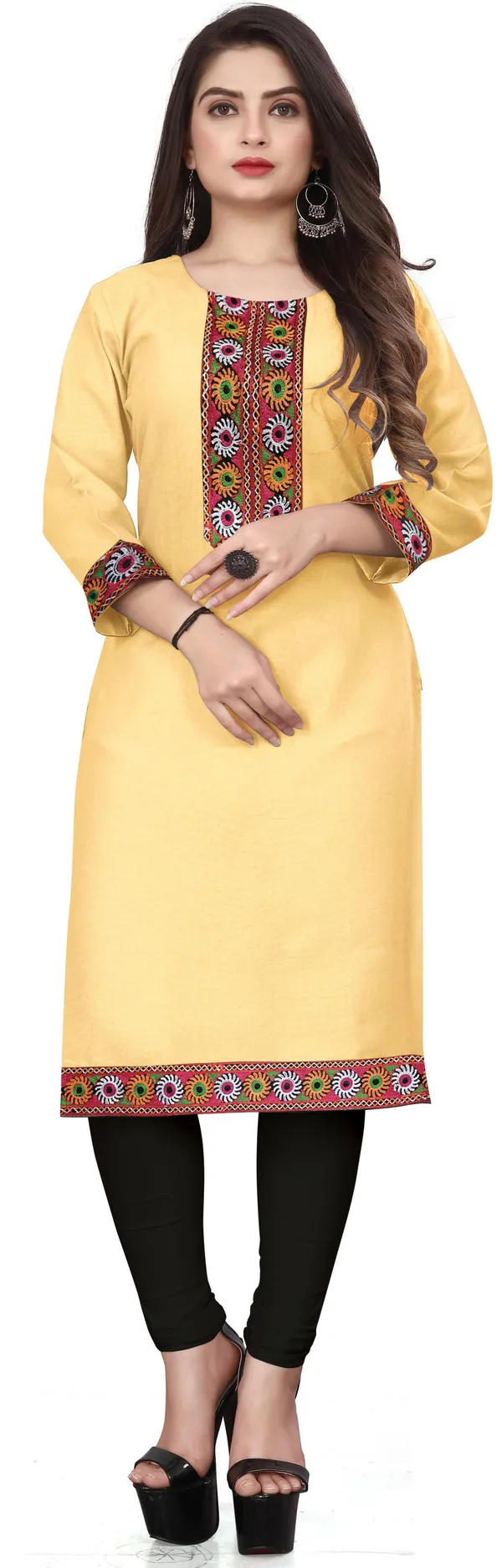 Hf_Holyday_Fashion_Cotton_Silk_Plain_Straight_Embroidered_Patch_Work_Kurta_For_Women