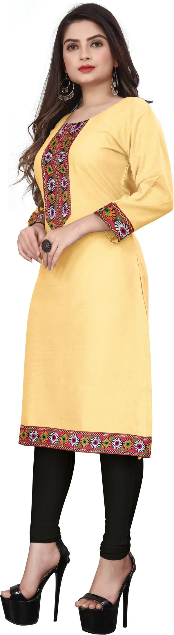 Hf_Holyday_Fashion_Cotton_Silk_Plain_Straight_Embroidered_Patch_Work_Kurta_For_Women